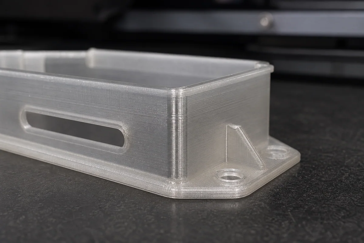 Ejemplo orientativo de una pieza funcional impresa en PETG natural
