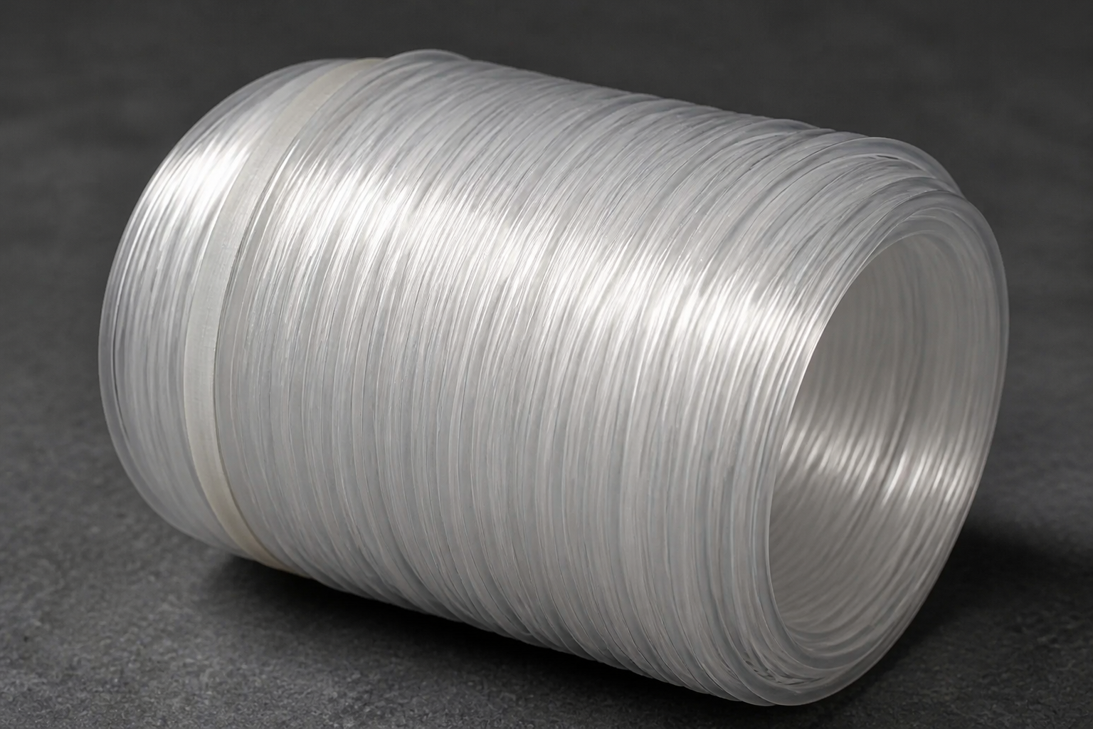 Primer plano de un rollo de filamento PETG natural sin carrete